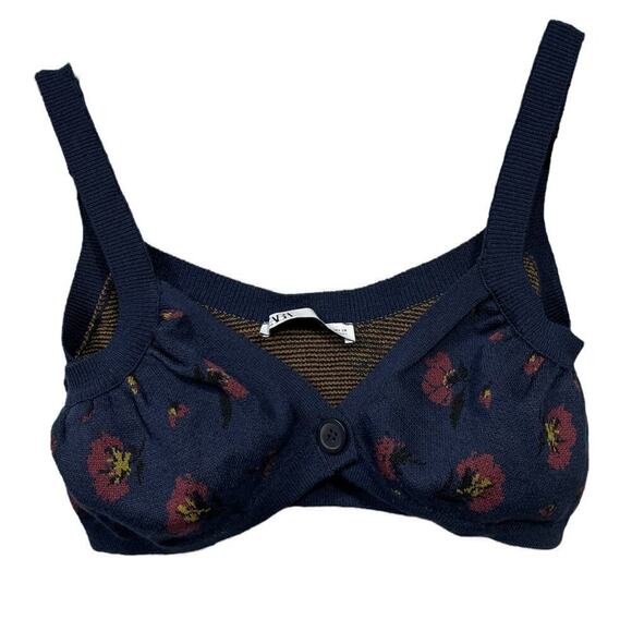Zara Navy Blue Floral Knit Bralette Crop Top / Size-Medium - Picture 1 of 8